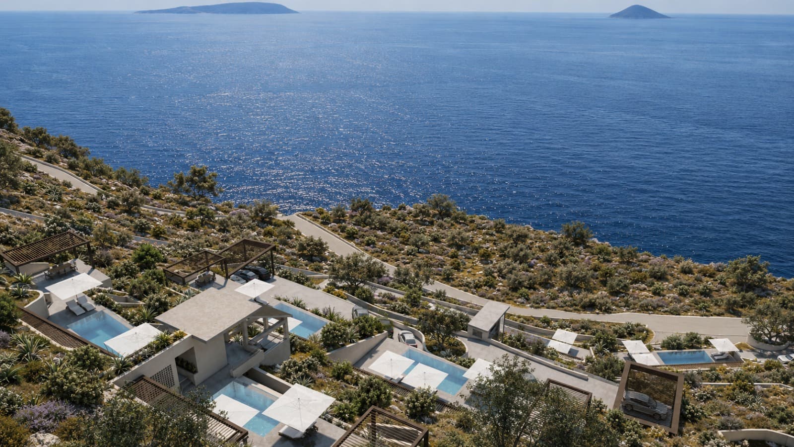 The scheme seen from above the water, with the open Ionian beyond.